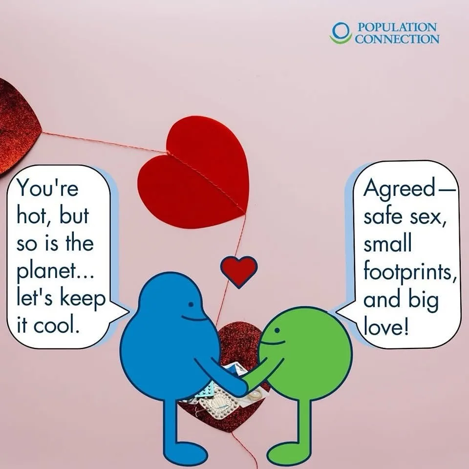 Two cartoon characters, one blue and one green, are holding hands in front of red hearts. The blue character says, 'You're…