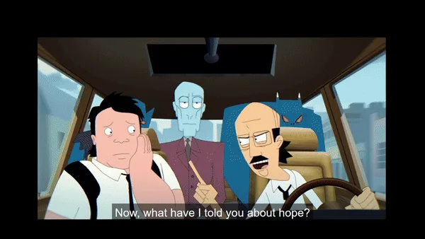 A six-panel comic strip from the animated show 'American Dad!' featuring characters Stan Smith and Roger in a car. Stan…