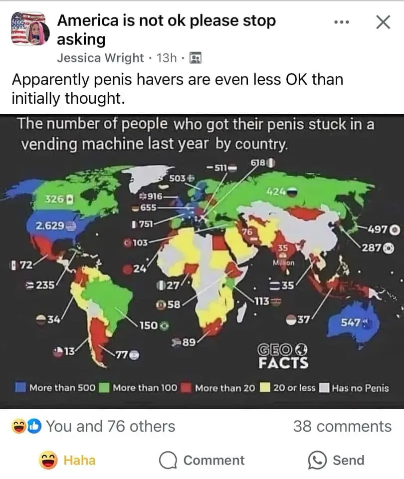 A screenshot of a Facebook post by Jessica Wright showing a world map titled 'The number of people who got their penis stuck…