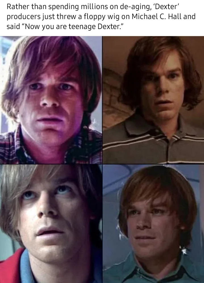 The image is a four-panel grid showing actor Michael C. Hall in different scenes, all featuring him wearing a floppy…