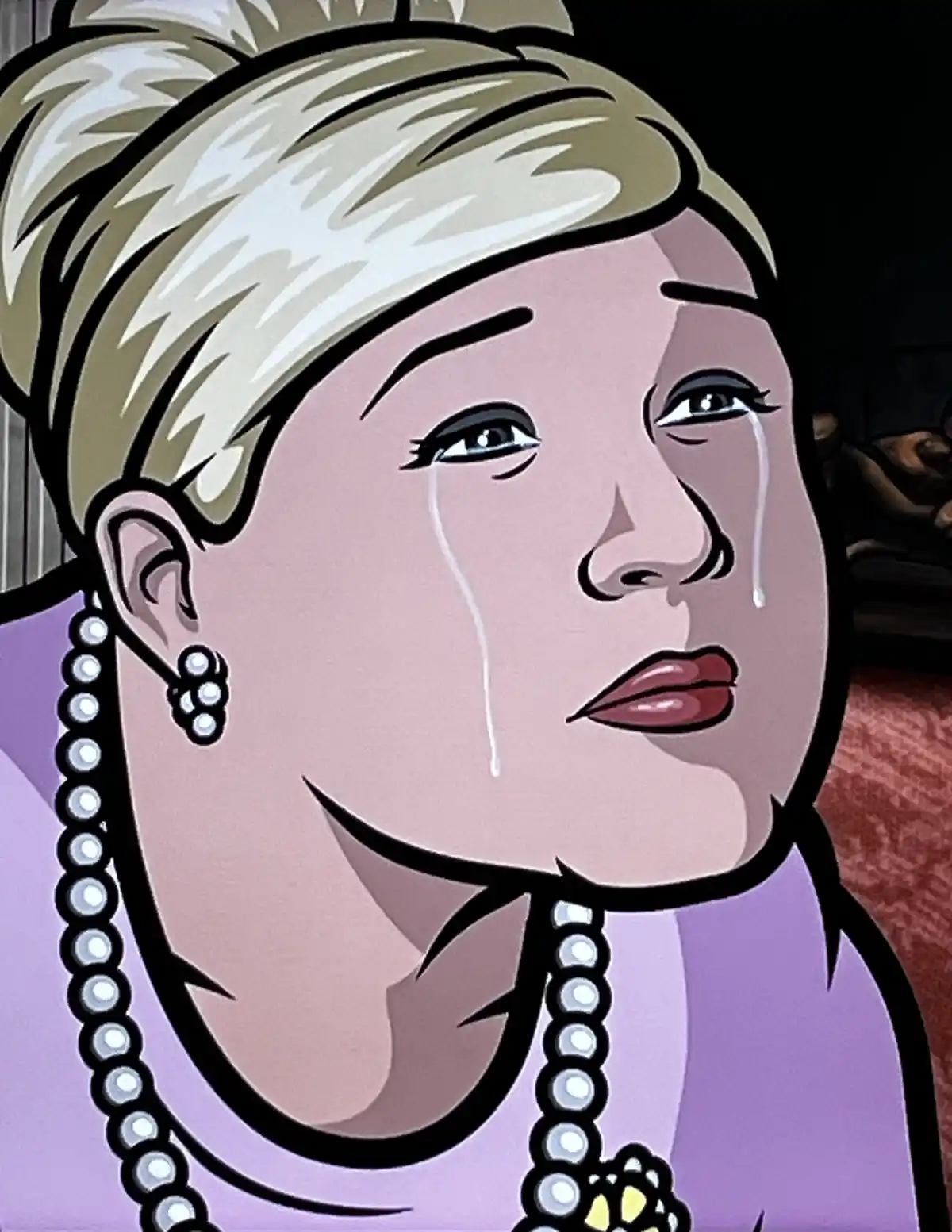 A cartoon illustration of a woman with blonde hair in a bun, wearing a pearl necklace and earrings, and visibly crying with…