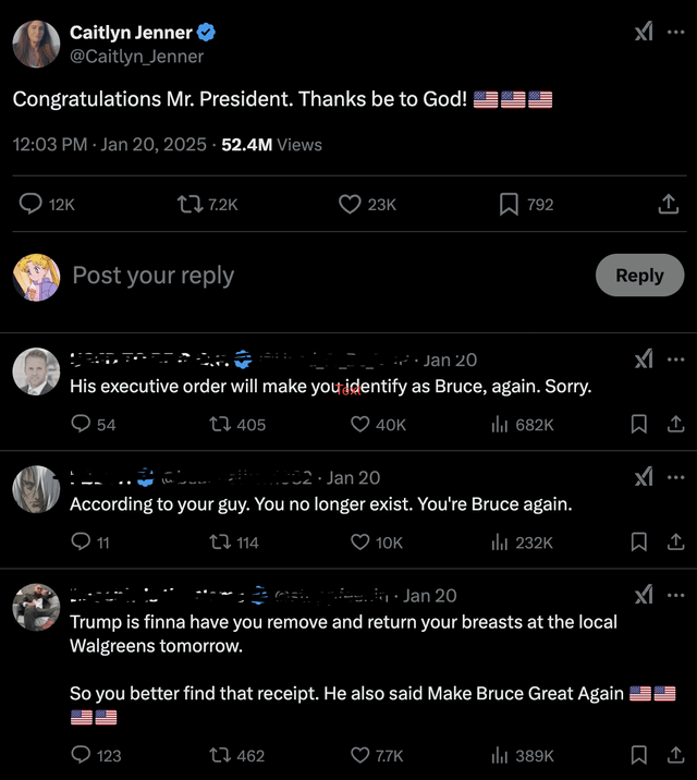 A screenshot of a Twitter post by Caitlyn Jenner congratulating 'Mr. President' with American flags, followed by replies…