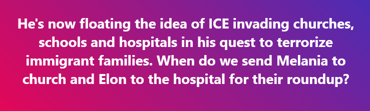 A gradient purple-to-pink background displays white text criticizing a political figure's alleged plan to target immigrant…