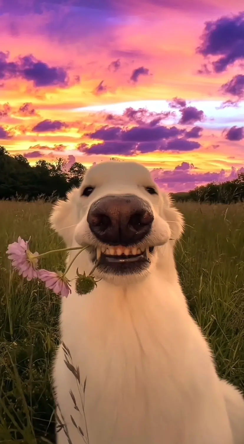 A close-up of a white dog in a grassy field at sunset, holding a pink flower in its mouth. The dog's face is centered, with…