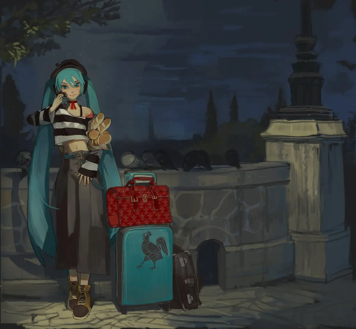 An anime-style character with turquoise pigtails and a beret stands at night beside stacked suitcases, holding a baguette…