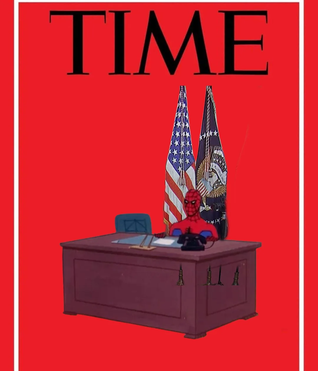 The image is a parody of a TIME magazine cover, featuring Spider-Man sitting at a presidential desk with an American flag…