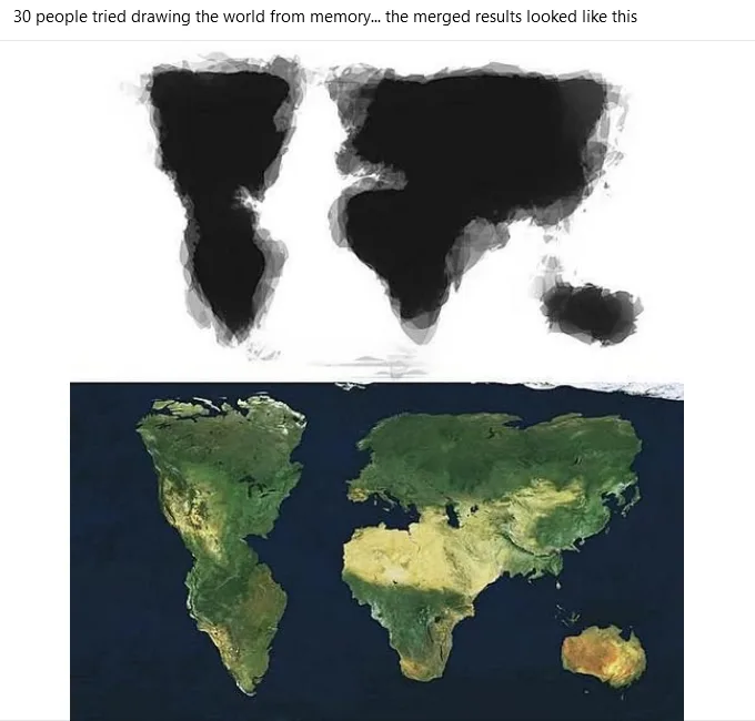 The image displays two side-by-side world maps. The top map is a blurry, abstract, black-and-gray amalgamation of shapes…