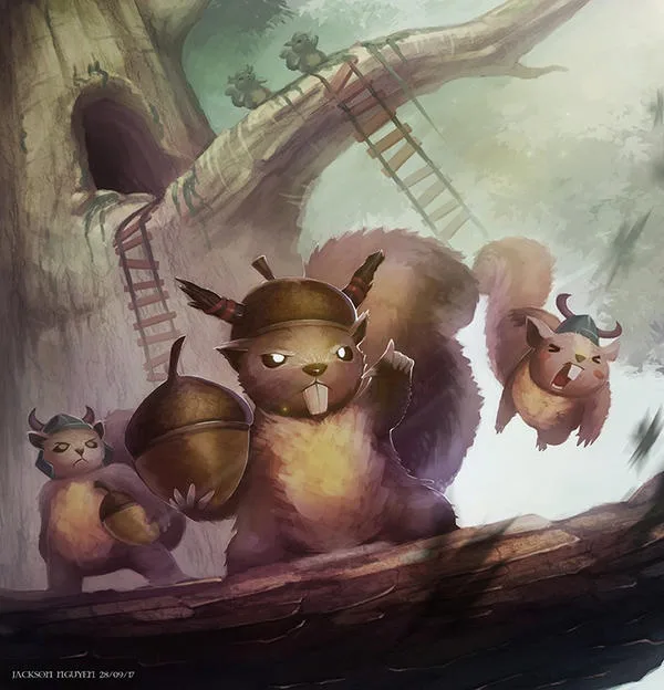 An illustration of anthropomorphic squirrels in a forest setting, one central squirrel wearing a hat and holding an acorn…