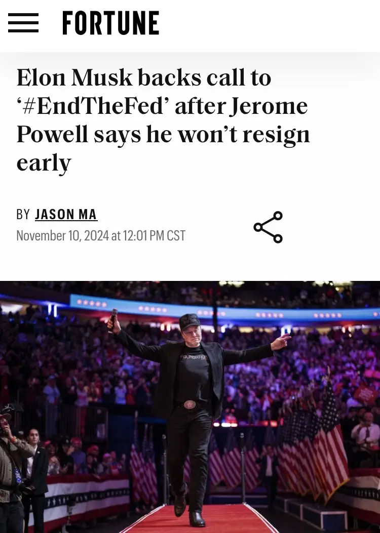 A screenshot of a Fortune article headline about Elon Musk supporting the '#EndTheFed' movement after Jerome Powell refuses…