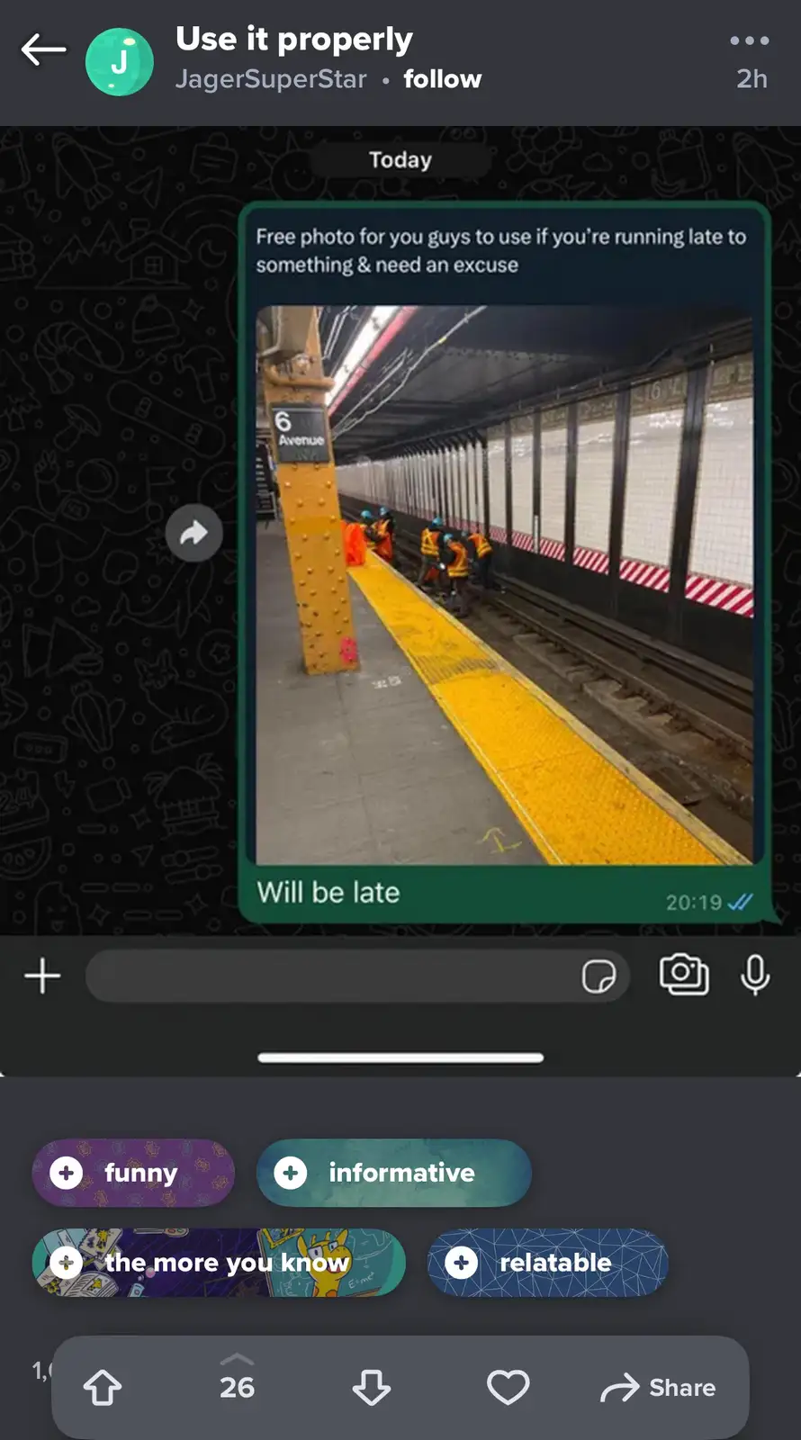 A screenshot of a messaging app shows a photo of a subway platform at 6 Avenue with workers in orange vests, overlaid with…