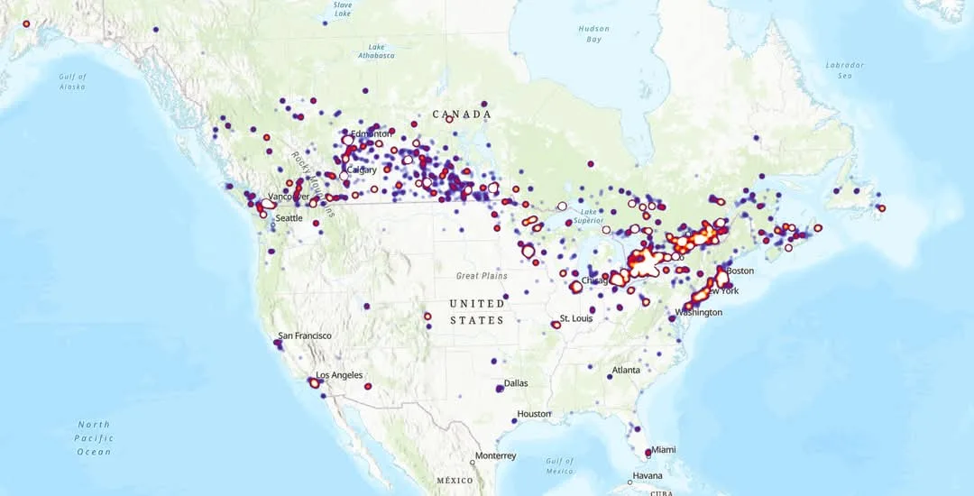 a map of north america showing numerous red and purple dots clustered densely along the eastern seaboard, particularly…