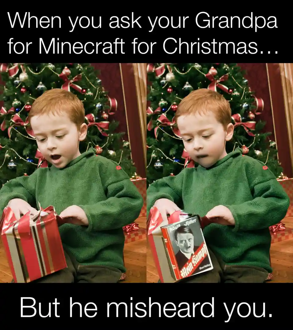 A split image shows a young boy in a green sweater opening a Christmas gift in front of a decorated tree. In the left panel…