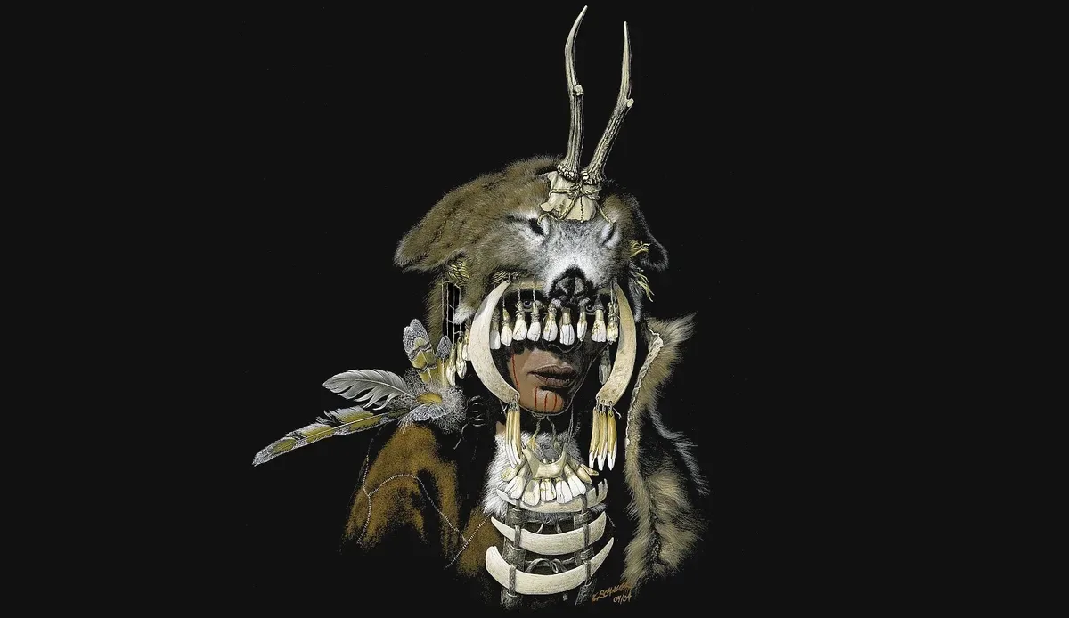 A digitally manipulated image shows a person wearing a Native American headdress with animal skulls and teeth, overlaid with…