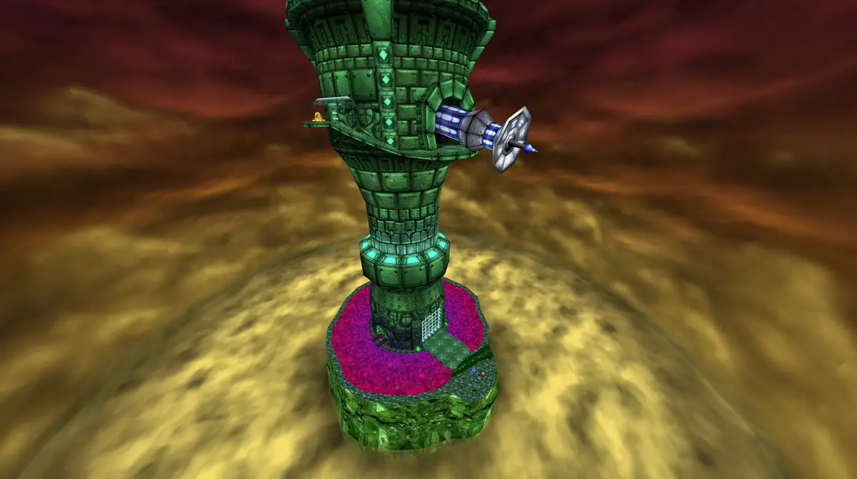 A screenshot from a video game shows a green, blocky tower floating in a swirling red and yellow sky. The tower has glowing…