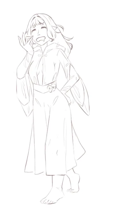 A simple line art sketch of a female anime-style character with long hair, wearing a loose robe and pants, barefoot…