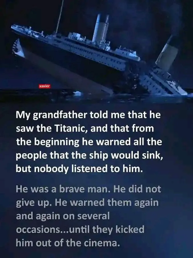 A dark, dramatic image of the Titanic sinking at night, with the ship tilted heavily underwater. Overlaid white text tells a…