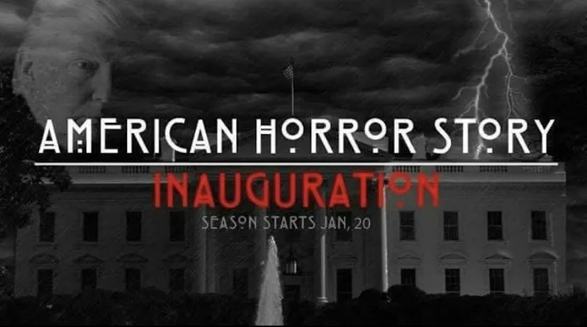 A black-and-white image of the White House under a stormy sky with lightning, overlaid with the text 'AMERICAN HORROR STORY'…