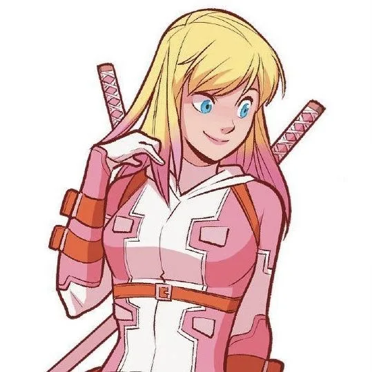 An anime-style illustration of a blonde female character with blue eyes, wearing a pink and white armored outfit with orange…