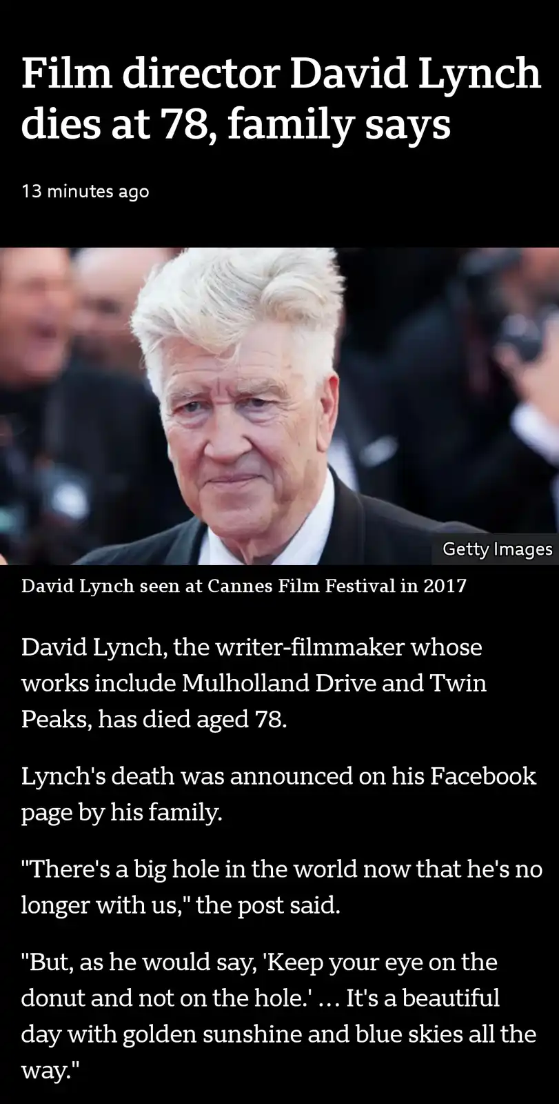 A screenshot of a news article about the death of film director David Lynch at 78, featuring a photo of him at the Cannes…
