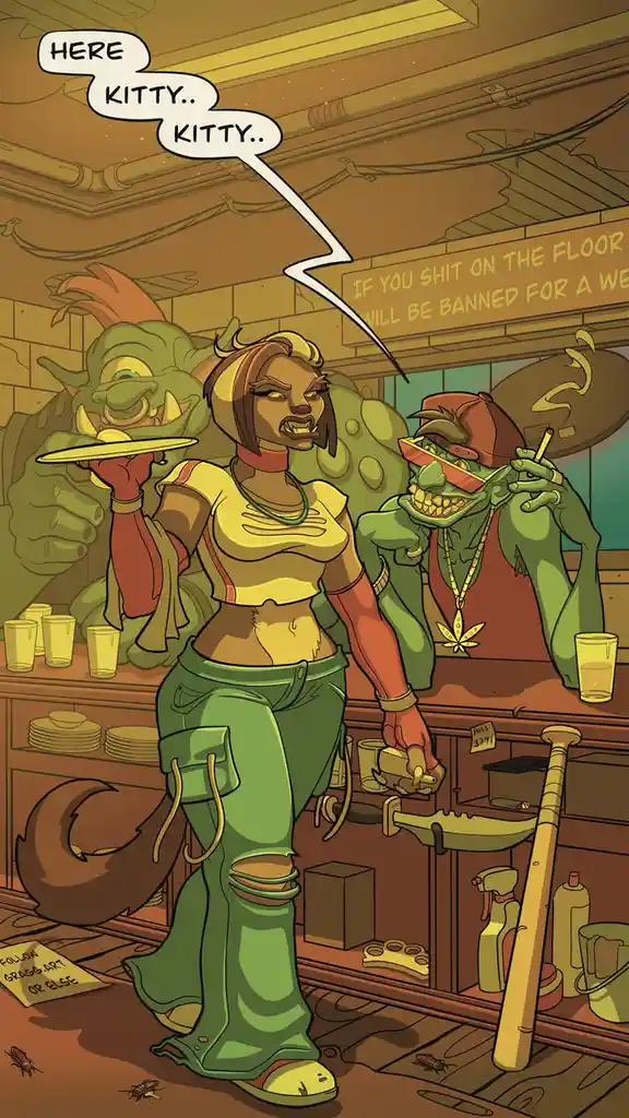 A cartoonish, muscular woman with a tail and fangs stands in a grimy bar, holding a tray and a glass, while two…