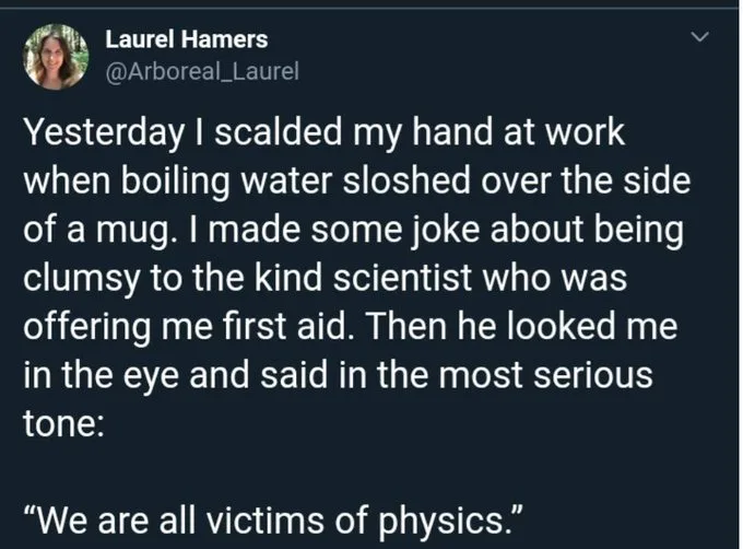 A screenshot of a tweet by Laurel Hamers (@Arboreal_Laurel) describing how she scalded her hand with boiling water from a…