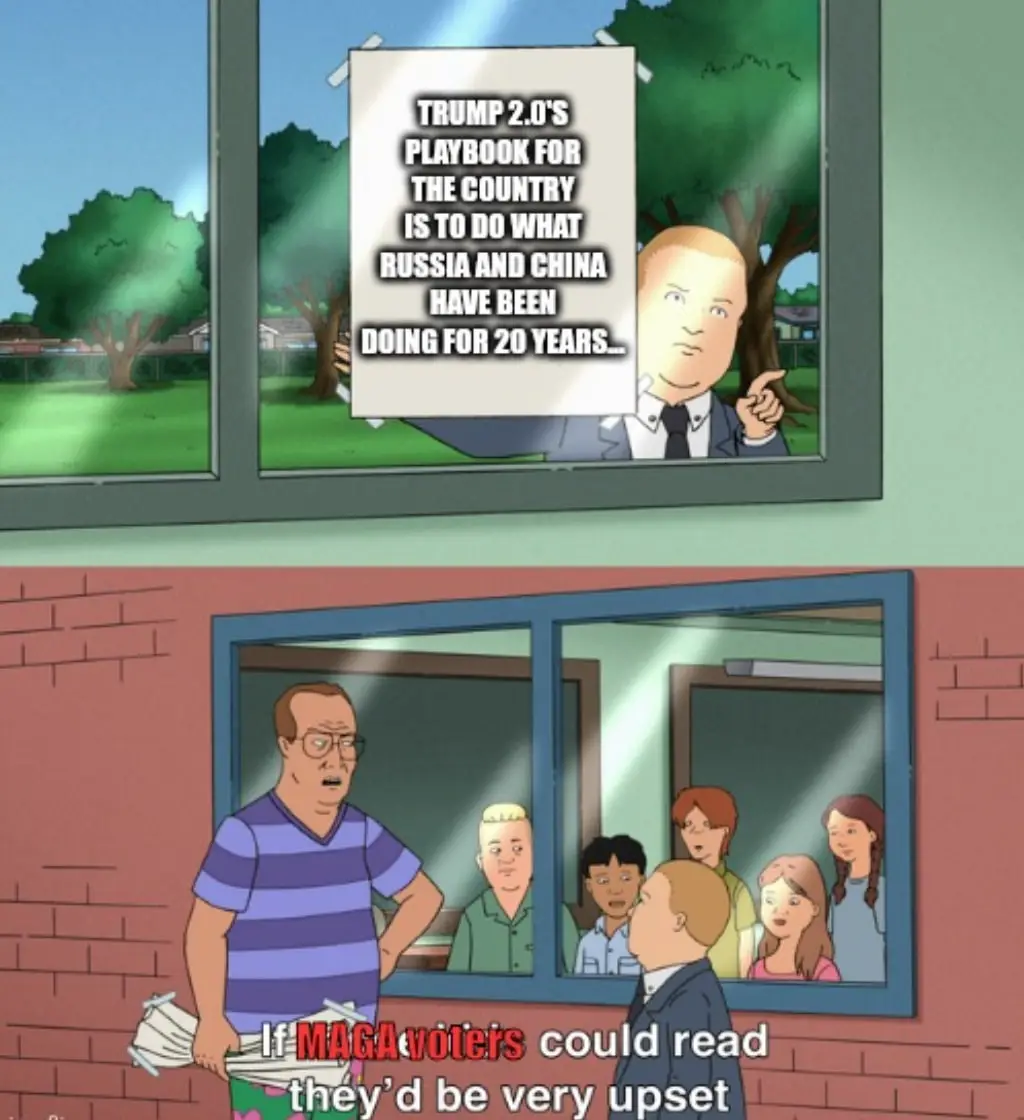 A cartoon image from 'American Dad!' shows a man holding papers outside a school, looking at students inside. A poster taped…