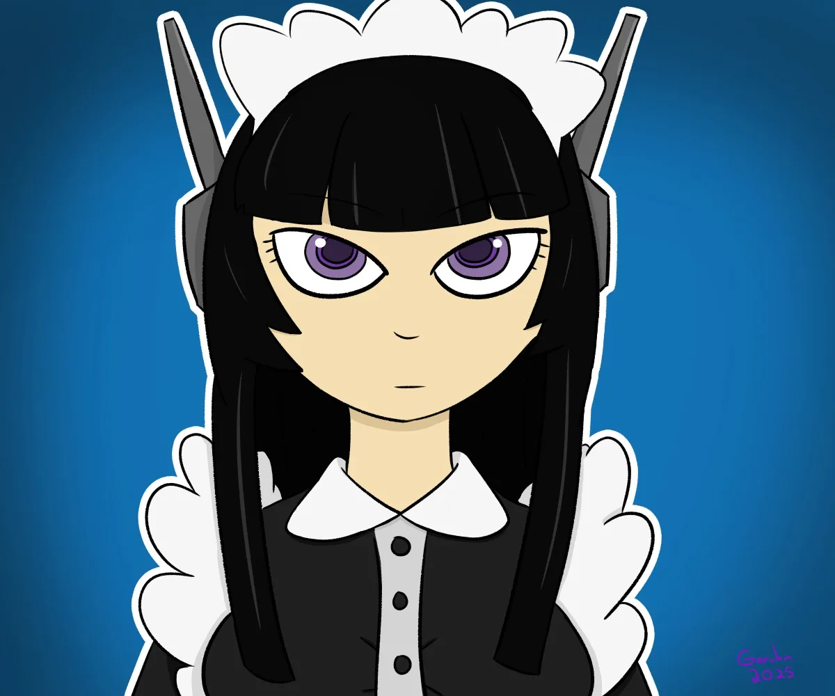 An anime-style illustration of a girl with black hair, purple eyes, and a stern expression, wearing a maid outfit with a…