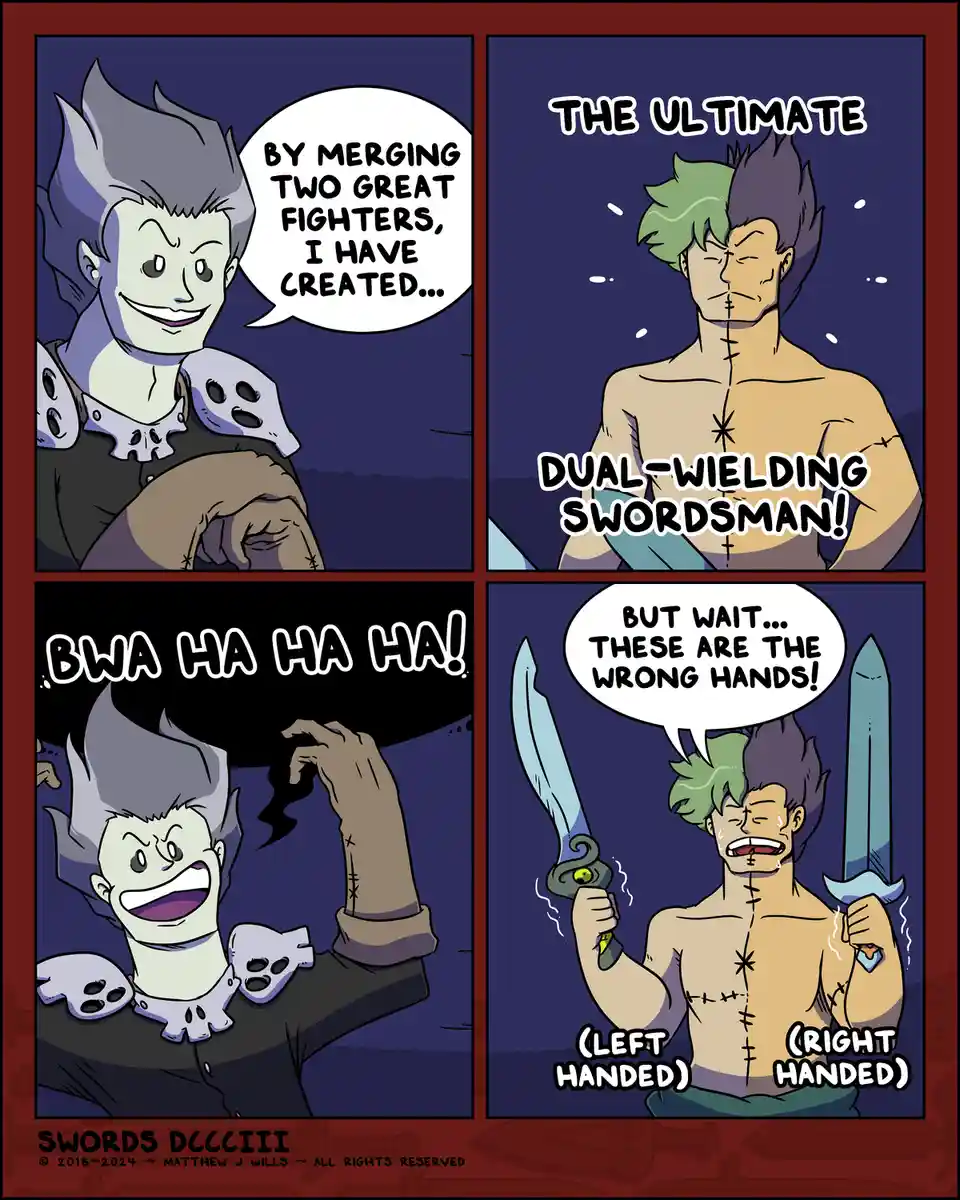 A four-panel comic shows a villain merging two fighters into a single stitched-together swordsman. The villain boasts 'THE…