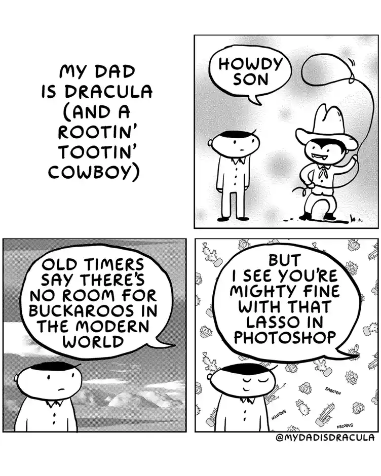 A four-panel comic strip where a man introduces his dad as Dracula dressed as a cowboy. The cowboy dad greets with 'Howdy…