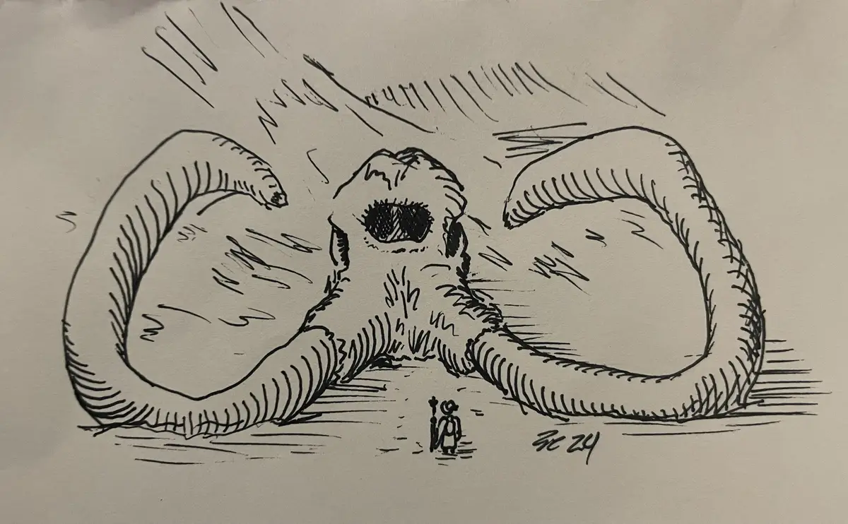 A black-and-white sketch depicts a tiny human figure standing before a massive, coiled, snake-like creature with one large…