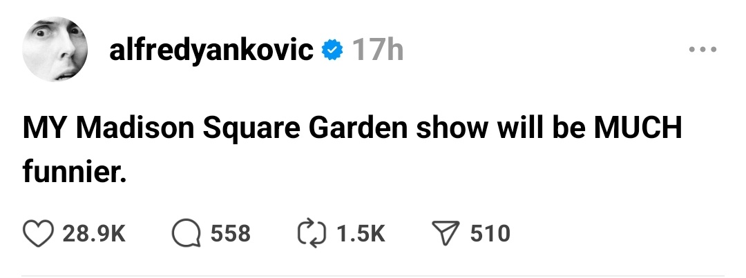 A screenshot of a social media post by Alfred Yankovic, showing his profile picture and the text 'MY Madison Square Garden…