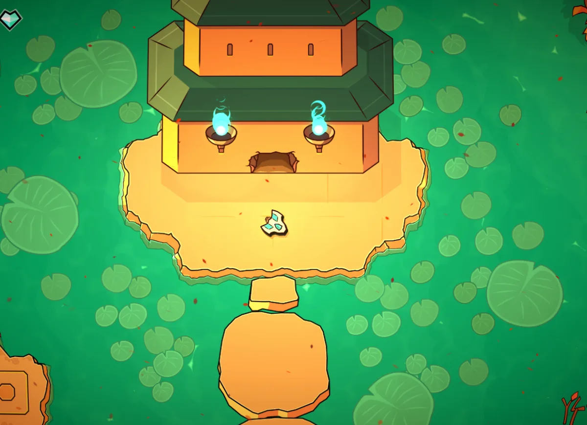A top-down view of a video game scene shows a small, orange, multi-tiered pagoda-like structure on a floating island…