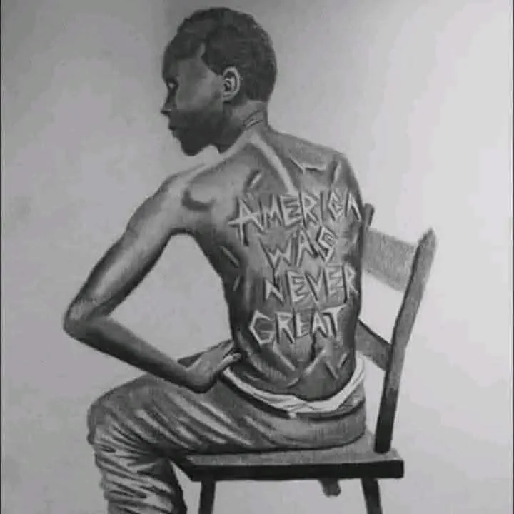 A black-and-white pencil drawing shows a young Black man sitting on a wooden chair, viewed from behind. His bare back is…