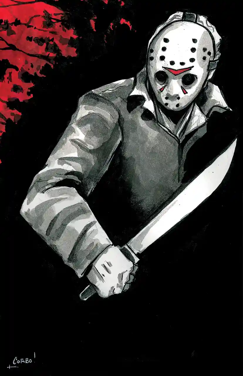 A stylized illustration of Jason Voorhees from the Friday the 13th franchise, wearing his iconic white hockey mask with…