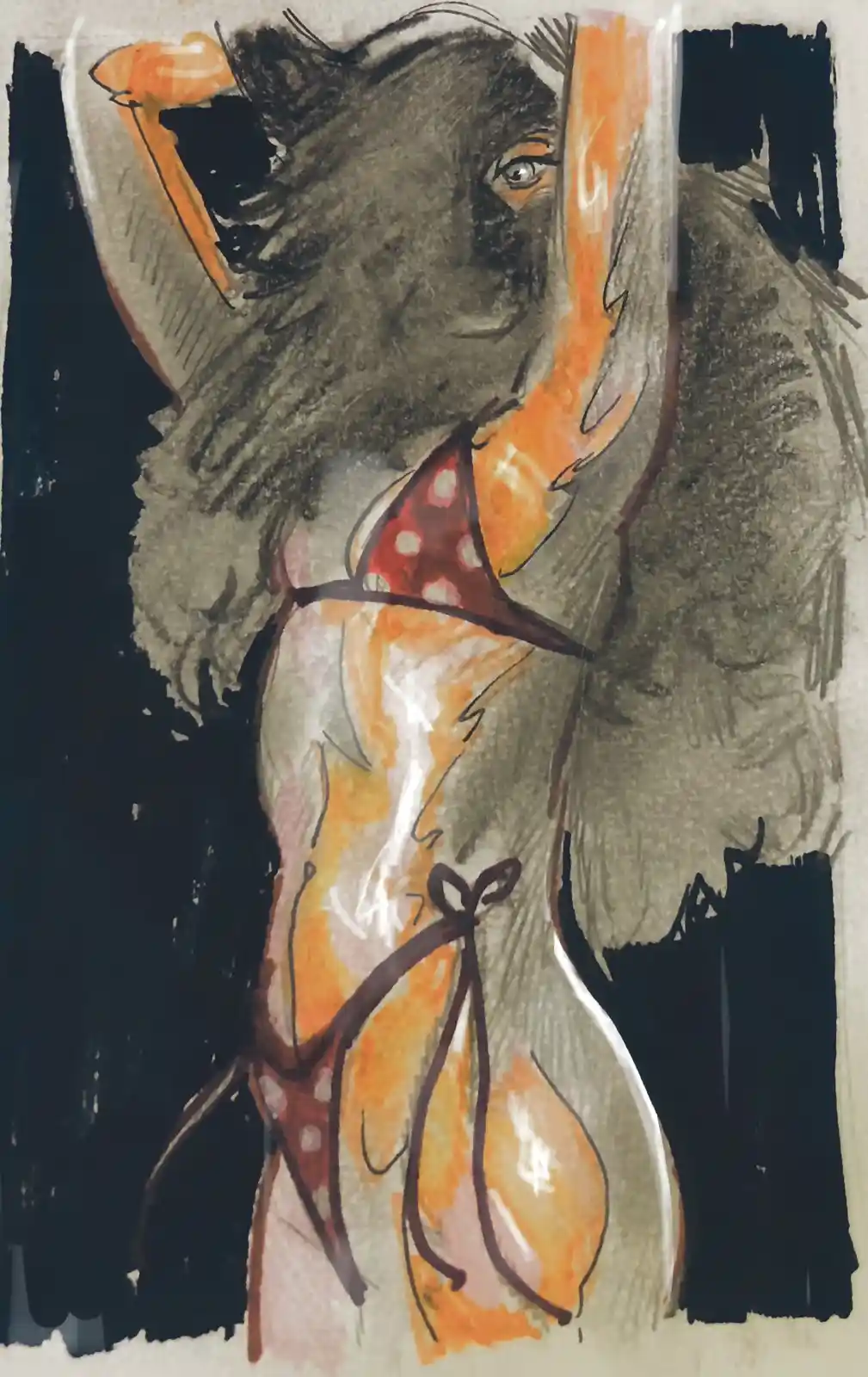 A sketch-style drawing shows a person with dark, shaggy hair wearing a red polka-dot bikini top and matching bottoms with a…